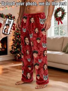 1pc Men's Customized Face & Pet Cat Photo Red Pajama Pants, Personalized Christmas Home Lounge Pants, Christmas Gift For Husband - Multicolor - View 5