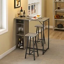 Set de comedor alto de 3 piezas - Mesa de bar pequeña de 91 cm con estantes de almacenamiento - 2 taburetes altos - Estilo industrial moderno - Perfecto para cocina, desayunador o apartamentos - Gris - Ver 3