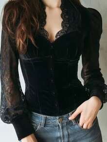 Autumn Black Velvet & Contrast Lace High-End Fashionable Unique Blouse For Women Back To School - Black - View 1