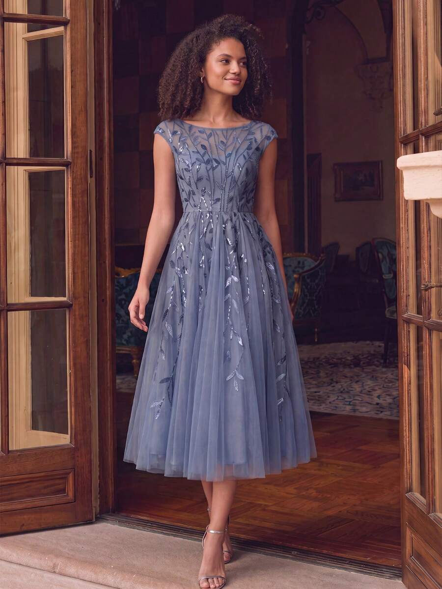 EVERPRETTY Elegant Dusty Blue Evening Midi Dress With Leaf Sequin Embroidered Sheer Neckline And Tulle Skirt For Wedding Guest Semi Formal Dress