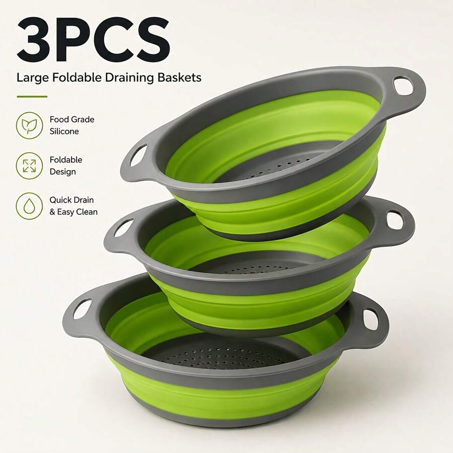 3pcs Collapsible Strainer Baskets, Stackable Kitchen Filter, Space-Saving Folding Drainer For Washing Fruits And Vegetables, Easy To Clean Household Drain Basket (3 Large)