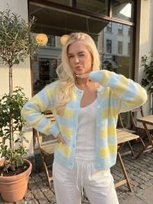Women's Dopamine Striped Short Knit Cardigan, Soft Fuzzy Blue‑Yellow Sweater Jacket, Sweet Style For Fall Winter Daily & School Outings - Baby Blue - View 7