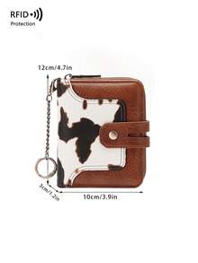 Hot-Selling New RFID Anti-Theft Women's Wallet With Chain Keychain, Colorblock Print Short Coin Purse - White - View 6