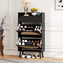 Rattan-Look Shoe Cabinet / Large Spacious Shoe Cabinet / Two-Tier Shelves / Easy To Clean / Load Capacity: Approx. 10 Kg / Suitable For Living Room, Entrance, Hallway - Black - View 5