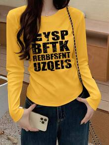 Street Style American Letter Print Design Fitted Y2K T-Shirt, Women's Autumn Long Sleeve Inner Layer Top Yellow Casual - Yellow - View 4
