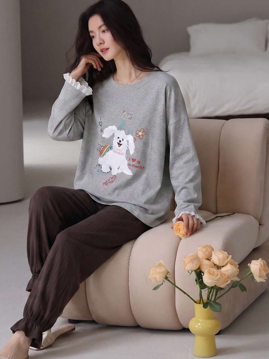 2pcs Women's Pajama Set, Grey Cute Puppy Cartoon Long Sleeve Pants, Loose Casual Cuffed Hem Home Wear Set, Spring/Autumn - Grey - View 1