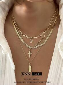 1pc Vintage Multi-Layer Stacked Cross Necklace For Women, Personalized Hip-Hop Snake Pendant Collarbone Chain - Gold - View 6