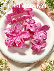 FURDANXINYI 3pcs Marble Flower Hair Clip Set, Asymmetrical Random Texture Flower And Rectangular Hair Clips, Non-Slip Large Size Women Hair Accessories, Essential For Summer Daily Styling - Multicolor - View 11