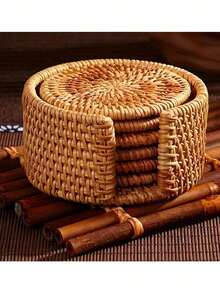 1pc/6pcs Handmade Woven Rattan Placemats, Japanese Minimalist Brown Round Heat-Resistant Anti-Scald Cup Coasters Placemats Suitable For Dining Table, Coffee Table, Home Essentials - Brown - View 2