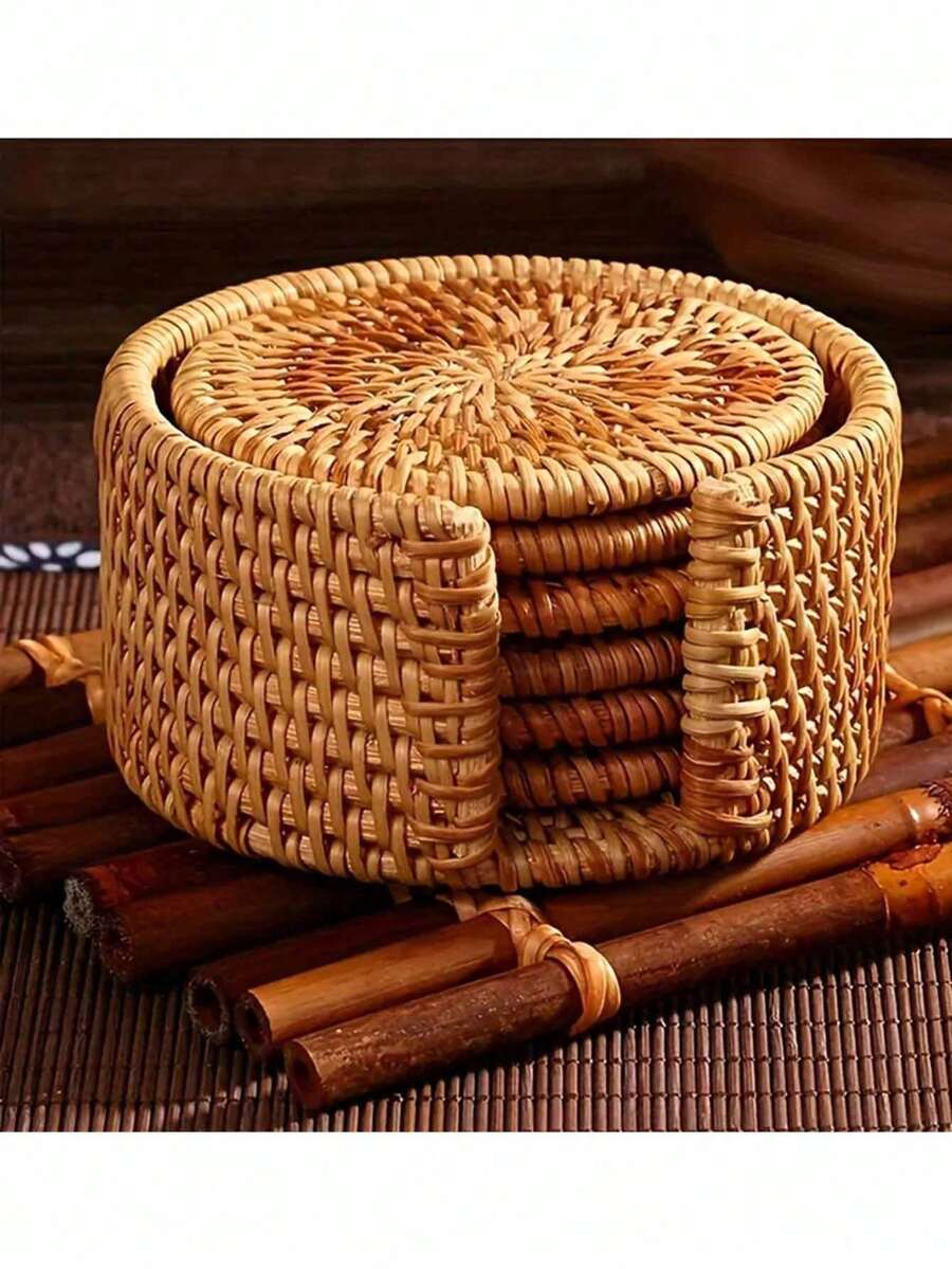 1pc/6pcs Handmade Woven Rattan Placemats, Japanese Minimalist Brown Round Heat-Resistant Anti-Scald Cup Coasters Placemats Suitable For Dining Table, Coffee Table, Home Essentials
