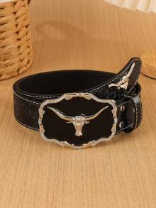 1pc Valentine's Day, Carnival, Christmas, Birthday Gift, Street Western Bull Head Buckle, American Cowboy PU Men's Belt, Brown And Black Optional - Multicolor - View 14