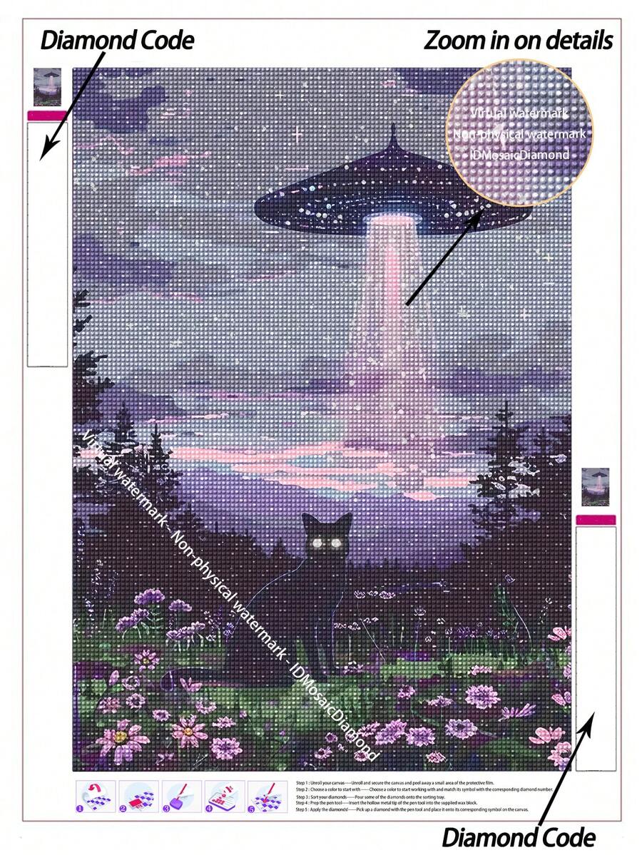 |5D DIY Diamond Painting|Black Cat And UFO In Purple Wildflower Forest Night Scene Diamond Art Set,Mysterious Alien Fantasy Nature Wall Decor.Relaxing Diamond Painting,Diamond Painting For Adults,Make Your Own Wall Art DIY,Enjoy The Fun Of Hands-On - No Frame - View 1