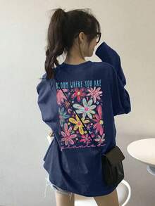 Women's Loose Fit Japanese Cat Print Long Sleeve T-Shirt, Versatile For Spring And Autumn Casual - Navy Blue - View 5