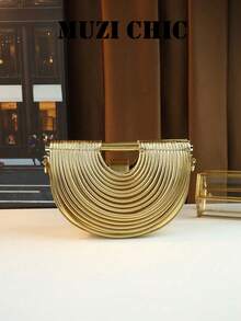 Bolso de mano semicircular de color dorado metálico, con textura acanalada en capas, asa cilíndrica superior, correa de cadena desmontable, bolso de noche, adecuado para fiesta de boda - Dorado - Ver 1