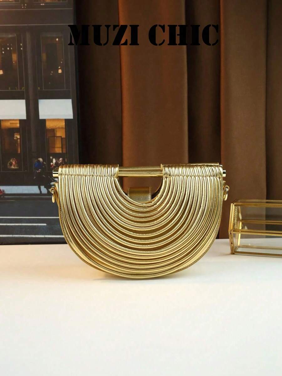 Bolso de mano semicircular de color dorado metálico, con textura acanalada en capas, asa cilíndrica superior, correa de cadena desmontable, bolso de noche, adecuado para fiesta de boda - Dorado - Ver 1