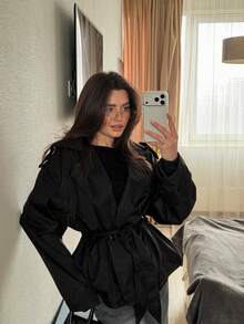 Black Waist-Cinching Short Trench Coat, New Vintage Sexy Style Slim Fit High-End Jacket - Black - View 7
