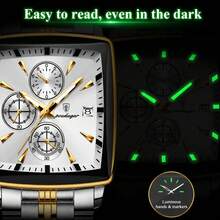 POEDAGAR Men's Luxury Stainless Steel Luminous Waterproof Minimalist White Calendar Square Dial Quartz Watch, Business Birthday Or Holiday Gift - Multicolor - View 7