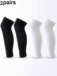 2 Pairs Unisex Solid Color Long Tube Sports Leg Warmers, Elastic Breathable Calf Leg Warmers, Fashion Design, Comfortable Soft Fabric, Knitted Breathable Non-Slip, Lightweight Slim Fit, Suitable For Sports And Physical Performance - Black and White - View 8
