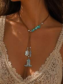 1pc Western Cowboy Style Asymmetrical Blue Stone Pendant Y-Shaped Necklace With Cowboy Boots And Cowboy Hat, Fashionable Women's Neck Jewelry Suitable For Summer Vacation, Beach Party, Music Festival Wear, Stone Shape, Size And Quantity Are Random And Not Fixed - Multicolor - View 1
