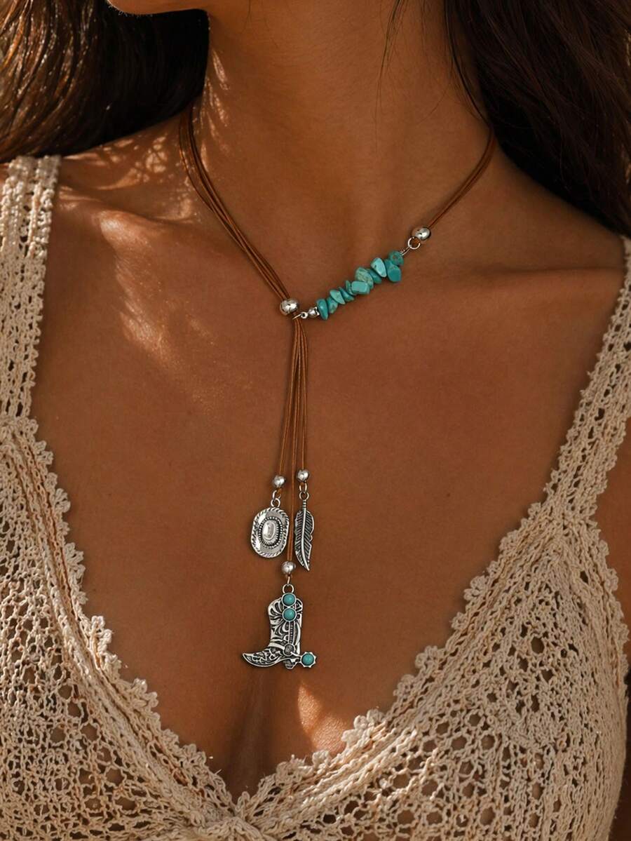 1pc Western Cowboy Style Asymmetrical Blue Stone Pendant Y-Shaped Necklace With Cowboy Boots And Cowboy Hat, Fashionable Women's Neck Jewelry Suitable For Summer Vacation, Beach Party, Music Festival Wear, Stone Shape, Size And Quantity Are Random And Not Fixed - Multicolor - View 1