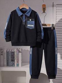 Boys' Collared Half-Open Front Pocket Denim Patchwork Sweatshirt And Letter-Print Denim Patchwork Side Seam Trousers - Black - View 1
