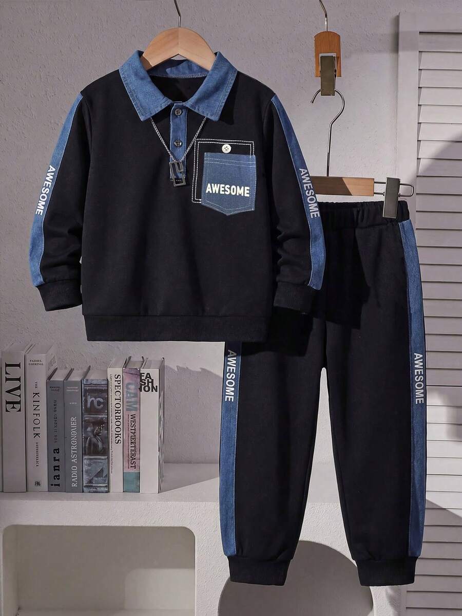 Boys' Collared Half-Open Front Pocket Denim Patchwork Sweatshirt And Letter-Print Denim Patchwork Side Seam Trousers - Black - View 1