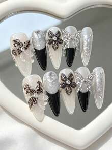 10 Peças Adesivos de Arte de Unhas Acrílicas Stiletto Longas Feitos à Mão, com Flor 3D & Borboleta de Metal 3D, Adequado para Estilo Y2K, Unhas Pretas, Estilo Gótico Punk, Manicure Francesa, Design de Arte de Linha, Unhas Postiças & Suprimentos de Unhas para Mulheres & Meninas - Multicolorido - Visão 2