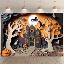 1 Halloween Banner, Castle And Pumpkin Pattern, Halloween Photography Background Cloth, Suitable For Home Entrance, Garden And Living Room Decoration - Multicolor - View 3