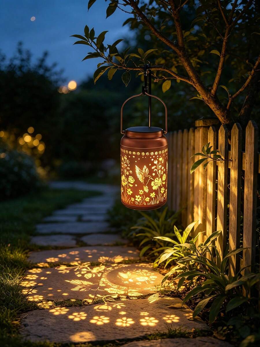 1PC Solar Powered Outdoor Waterproof Hummingbird & Flower Shaped Lantern, Garden Decor, Yard Decor, Balcony Decor, Hanging Light, Gift For Friends And Family - Multicolor - View 1