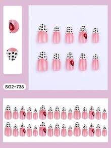 10pcs Medium Almond Press-On Nails, Nude Pink Base Cream Black Polka Dot French Tip With 3D Red Ladybug Charms Design, Delicate Glossy Acrylic Fake Nail Set, Suitable For Women Girls Daily Work, Spring Casual And Cute Holiday Party - Multicolor - View 3