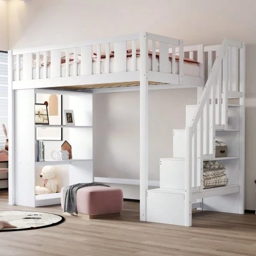 Loft Bed 90 X 200 Cm, Kids' Bed With Storage Stairs, Loft Bed With Multiple Large Storage Compartments - White - View 1