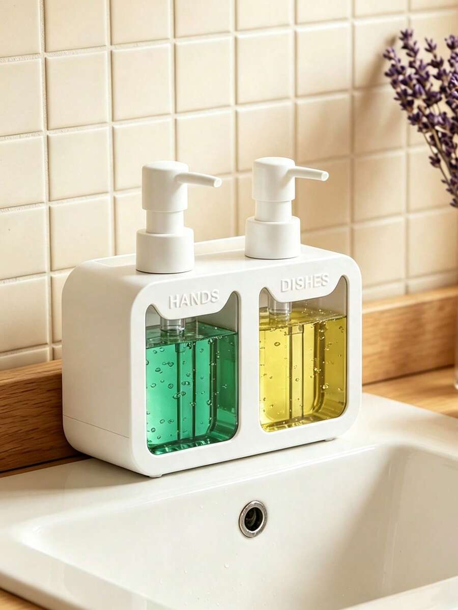 2件組廚房雙頭皂液器，雙頭手壓式瓶身，4合1廚房雙皂液器，可盛裝皂液、乳液、洗碗精，適用於廚房水槽、浴室 1/2件