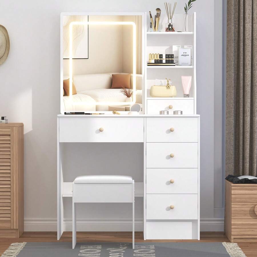 31.5" White Vanity Desk With LED Lighted Sliding Mirror & Stool, Makeup Vanity Table With 7 Drawers, Open/Hidden Shelves & 3 Color Dimmable Lights, Dressing Table With Hutch For Bedroom - White - View 1