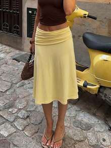 Vellofy Women's Autumn Light Yellow Ruched Mid-Waist Mermaid Long Skirt, Soft Flowy Long Skirt, Suitable For Cocktail Party Wear - Yellow - View 8