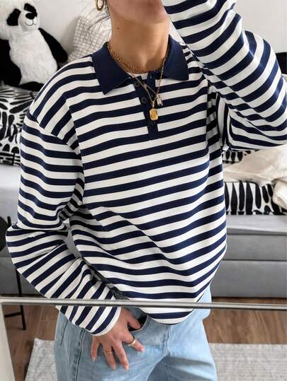 Women's Loose Striped Polo Collar Long Sleeve Casual Versatile T-Shirt, College Style Striped Polo Shirt, Long Sleeve Drop Shoulder Knit Top, Regular T-Shirt Hem, Patchwork Contrast Color Design, With Contrast Blue Collar And Striped Accents. Suitable For Commuting, Dating, Parties, Autumn/Winter, Graduation Ceremonies, Fashion, Casual, Travel, Dating And Other Occasions.
