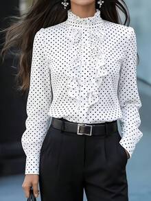 Blus Lengan Panjang Tenun Kerah Ruffle Motif Polkadot Ukuran Plus untuk Wanita, Pakaian Wajib untuk Musim Gugur - Bintik-bintik hitam dan putih - View 7