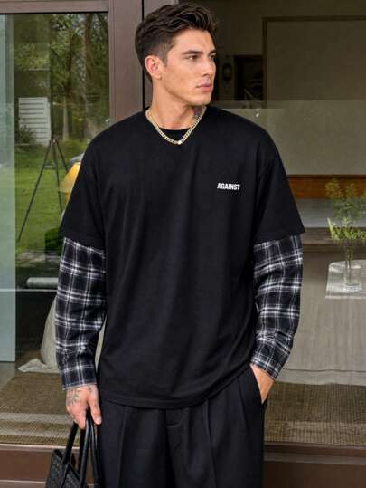Simple Studio | Men's Pure Black Crew Neck 2 In 1 Long Sleeve Base Layer, Left Chest Small Text "AGAINST" Print + Black & White Plaid Shirt Sleeve Drop Shoulder Oversize Casual Long Sleeve T-Shirt