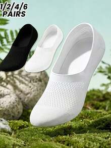 1/2/4/6 Pairs Women's Solid Color Summer Thin White Mesh Breathable No-Slip Invisible Short Socks, Couple Socks - Multicolor - View 1