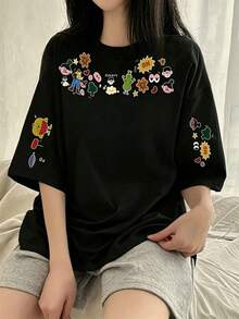 夏季新款 Gen Z Y2K 風格女款趣味卡通袖印花圓領短袖 T 恤休閒黑色 - 黑色 - 查看 5