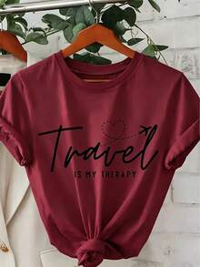 Women's Cotton T-Shirt, "Travel Is My Relax" Letter,Airplane & Heart Print,Loose Round Neck Short Sleeve Tee,Breathable For Summer Daily Wear - 酒紅色 - 查看 1