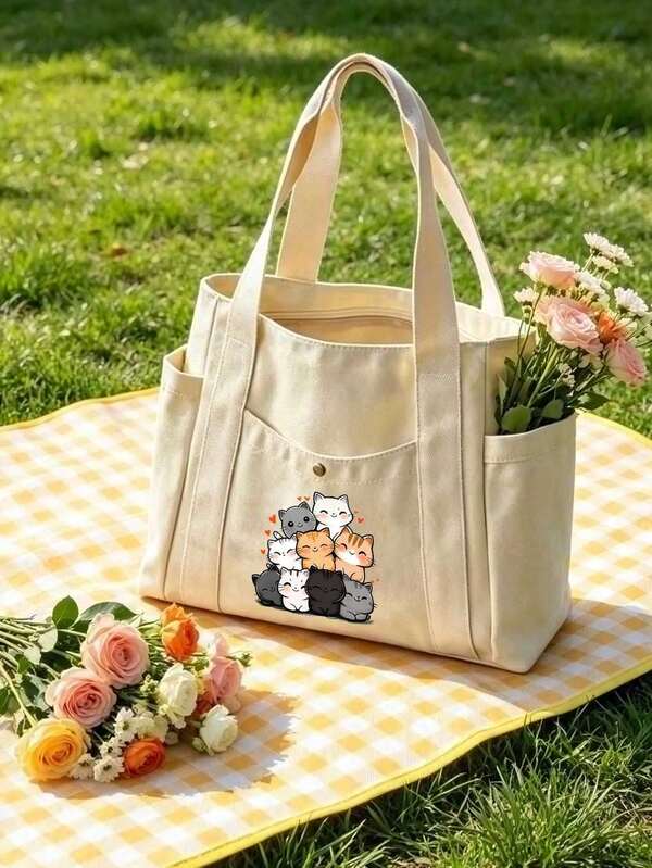 Cute Cartoon Cat Pattern Tote Bag, Reusable Printed Women's Shopping Bag, Large Capacity Multi-Pocket Shoulder Bag, Makeup Bag, Shopping Bag, Foldable Lightweight, Multi-Functional Tote Bag, Large Capacity Casual Tote Bag, Perfect Choice For Back To School, Mother's Day, Teacher's Day, Graduation, Anniversary, Easter And Christmas. Also A Unique Birthday Gift, Holiday Gift, Wedding Gift, Party Gift, Back To School Gift, Etc.