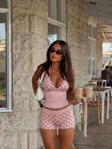 Polka Dot Print Deep V-Neck Patchwork Halter Neck Fitted Tank Top And Shorts 2 Pieces Set Pink Elegant - Pink - View 2