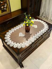 1pc Dual-Color Lace Mesh Tablecloth, European Style Polyester Fiber Oval Heat-Resistant Dust-Proof Lace Mesh Tablecloth, Suitable For Dining Table, Coffee Table, Daily Use, Party, Wedding And Holiday - White - View 5