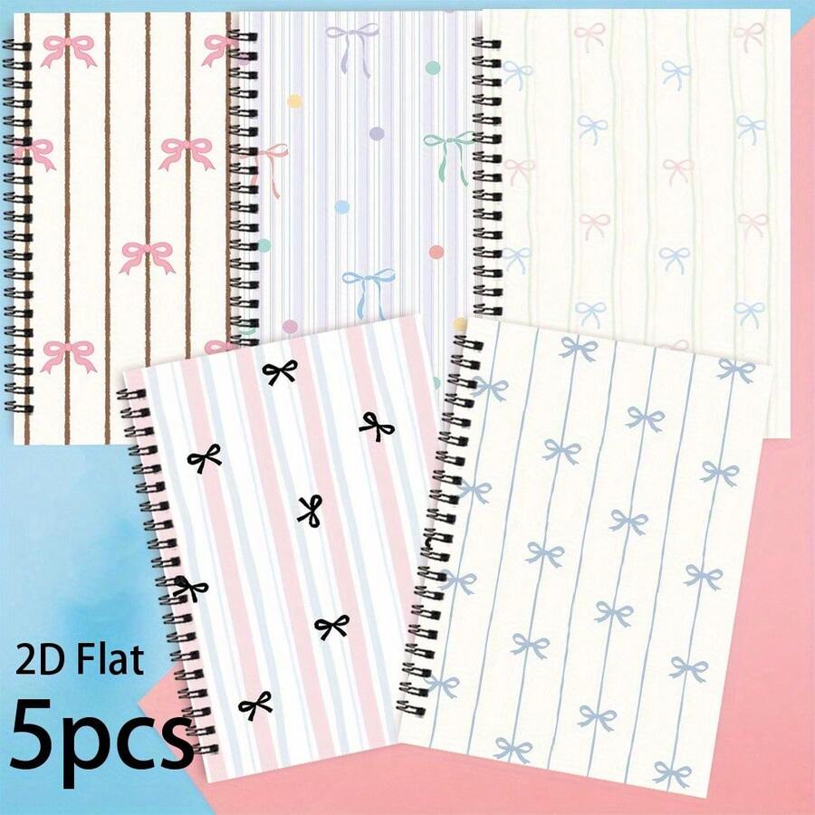 5pcs A5 Bow Theme Spiral Bound Notebooks, Suitable For Daily Office Use, With Easy-Tear Bow Cover, Applicable For Any Holiday, Women's Stationery, Back To School, School Supplies - 5PCS - View 1