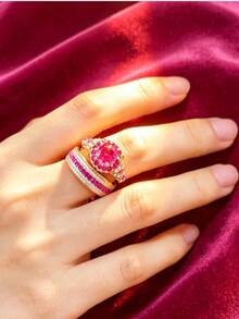 Gmzalx Glamorous Shiny Round Red Halo Fashion Set, Perfect For Anniversary And Birthday Gifts - Red - View 5