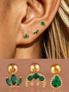 3PCS Women's Fashion Stainless Steel Green Waterdrop Moon Shaped Zirconia Small Stud Earrings Set Outdoor Travel Carnival Party Dressing Gifts - 2-gold-3PCS - View 2