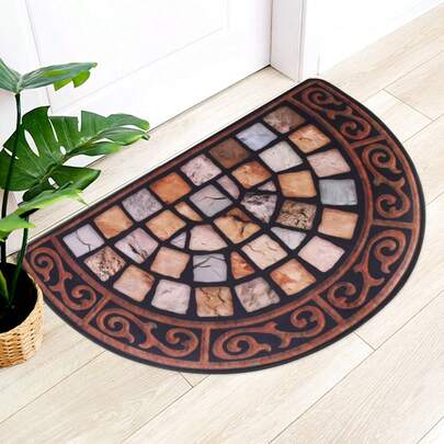 H&R Outdoor Door Mat Slate Effect Half Moon Mat With Anti-Slip Rubber Backing