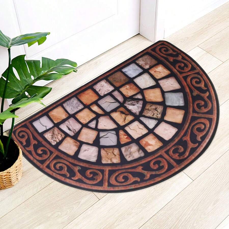 H&R Outdoor Door Mat Slate Effect Half Moon Mat With Anti-Slip Rubber Backing - Brown - View 1