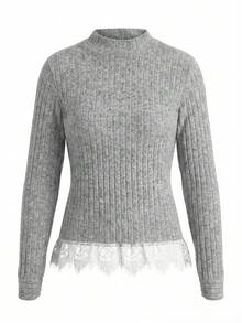 Women's Ribbed Contrast Lace Hem Knit Long Sleeve Top - Light Grey - View 8