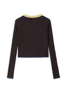 Versatile Design Polo Collar Contrast Color Long Sleeve Top - Coffee Brown - View 7